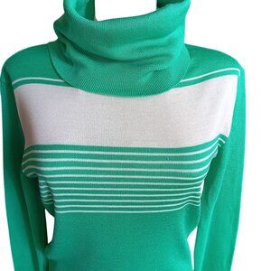 Large Vintage 70's Green White Striped Turtleneck Sweater Acrylic Wool Blend Mom